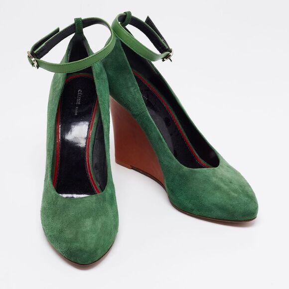 Celine Green Suede Wedge Ankle Strap Pumps Size 39 - Picture 4 of 4